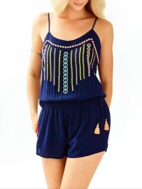 Lilly Pulitzer Navy Embroidered Tassel Beeler Romper M